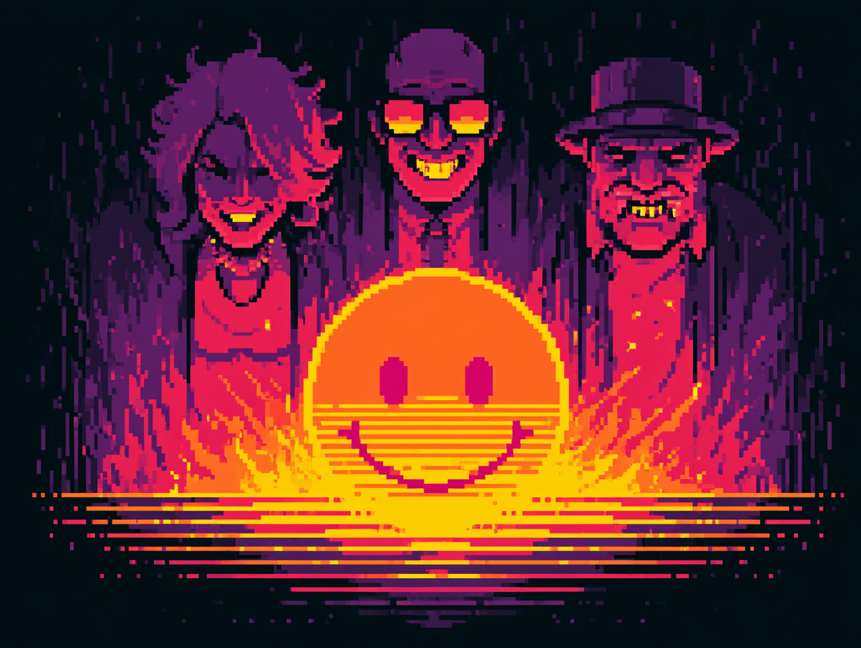 Three enemies of sound money loom over a glowing Bitcoin sun rising from a sea of fire